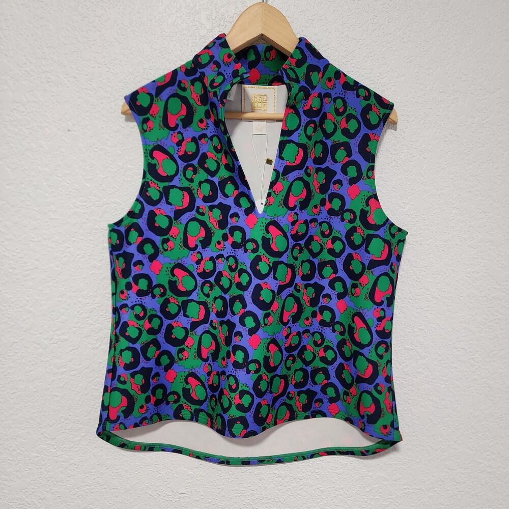 Emily McCarthy Sleeveless Colorful Animal Print Collar V Neck Large NWT Golf